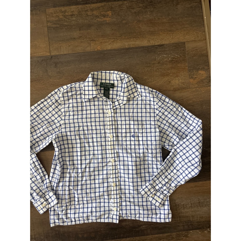 Lauren Ralph Lauren Petite Blue White Check Cotton Button Down Shirt P/S